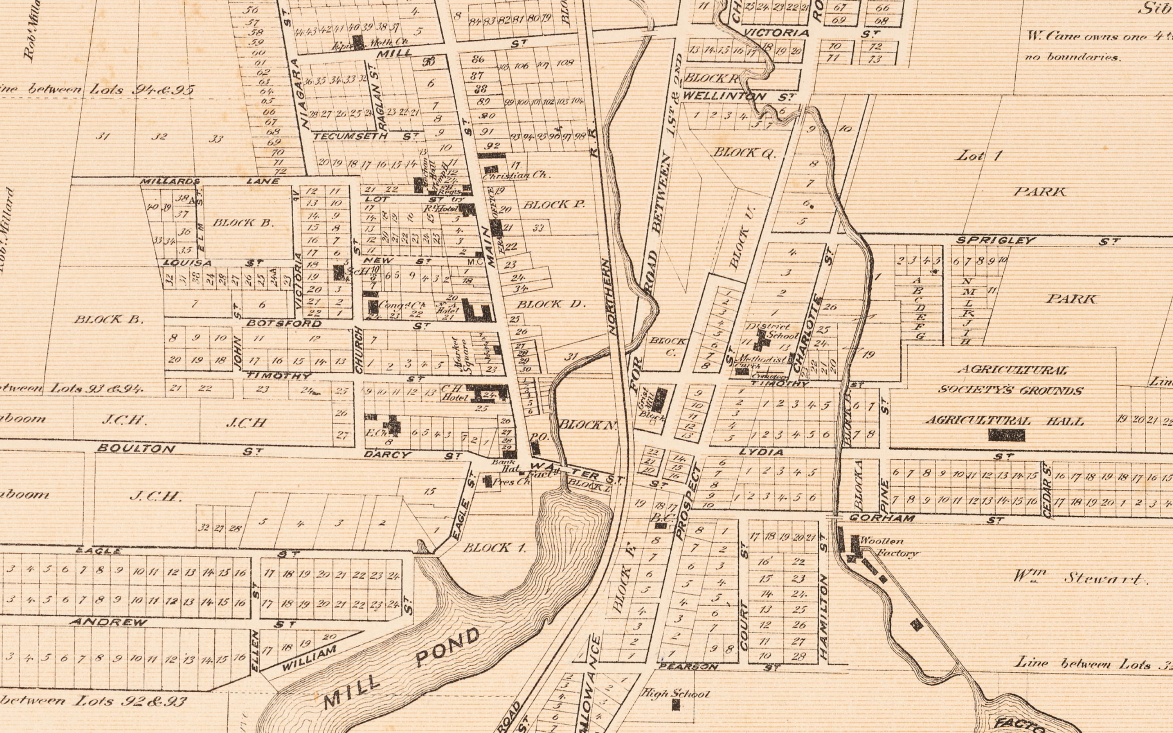 Detail of the original 1878 Newmarket atlas showing Mill Pond and the surrounding historic downtown streets